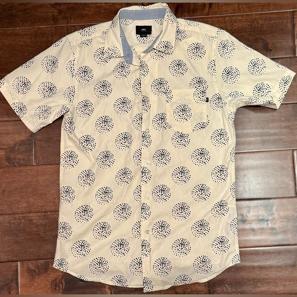 🖤 Obey Abstract Dot Print Short Sleeve Button Up Shirt Men’s Small Cream Black